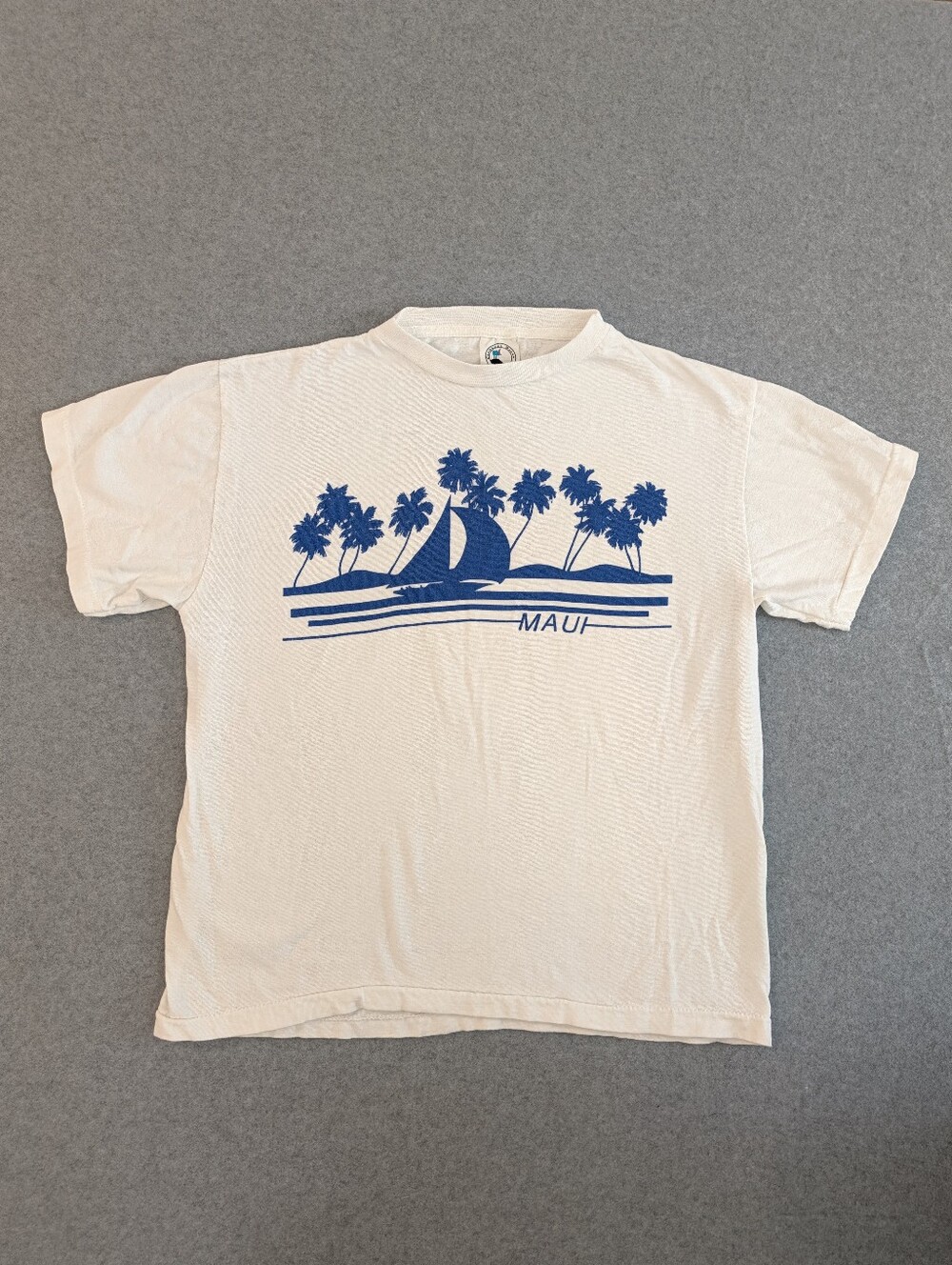 Vintage 80s Maui Hawaii Graphic Tee Blue White Boat L Streetwear Tourist Ocean